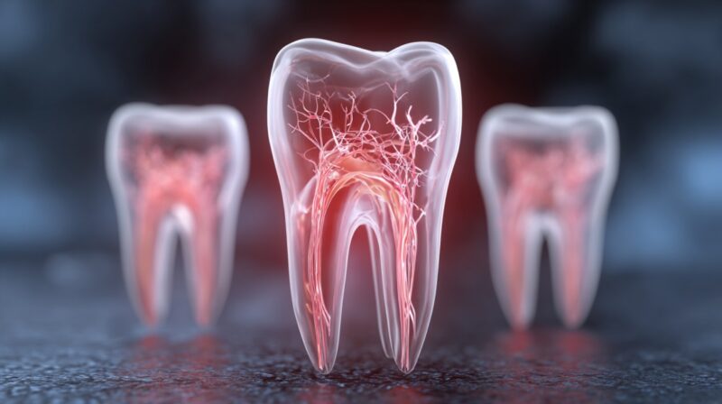 Illustration of a tooth with inflamed inner pulp and visible nerve structure, highlighting infection inside the tooth