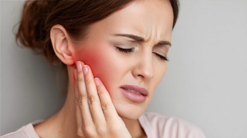 Woman holding her jaw with a red highlighted area on her cheek to indicate dental pain or infection