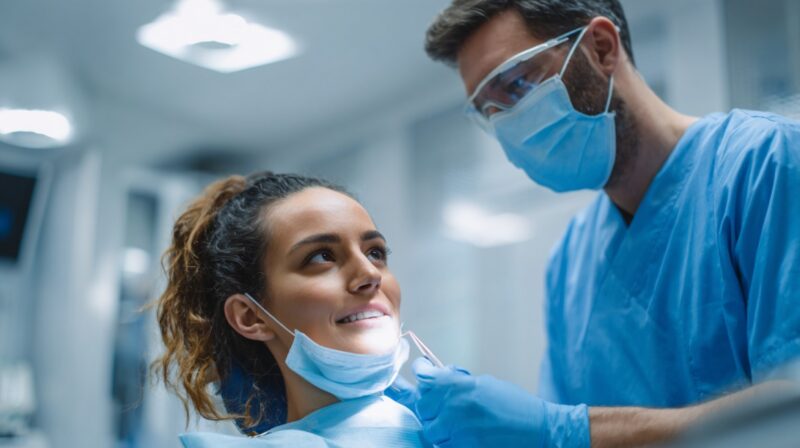 Dentist wearing protective mask and gloves examining a smiling female patient in a dental clinic