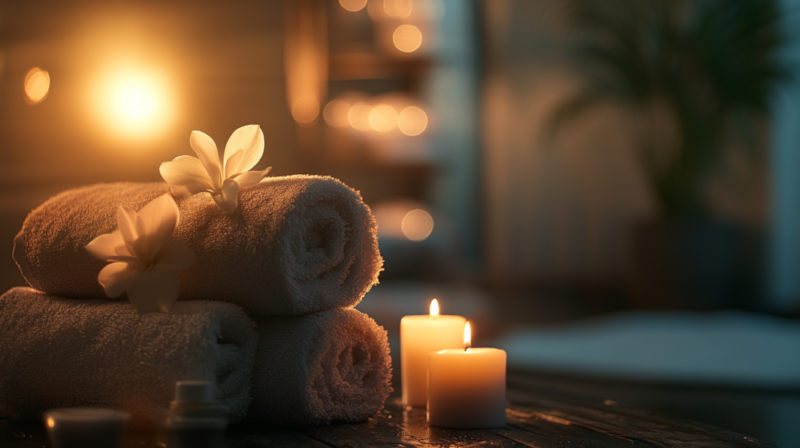 A Serene Spa Setting with Rolled Towels, White Flowers, and Lit Candles, Creating a Calming and Relaxing Atmosphere for Massage Therapy