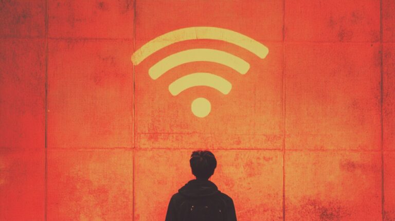 Man standing below a wifi sign