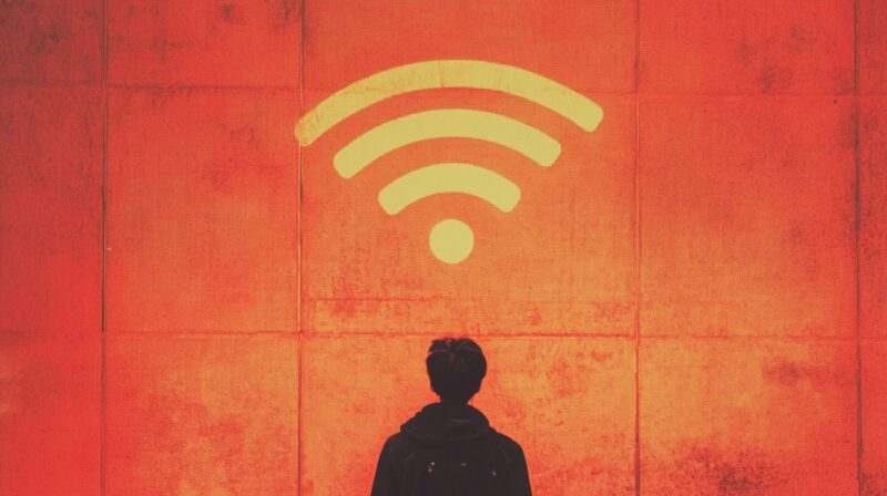 Man standing below a wifi sign