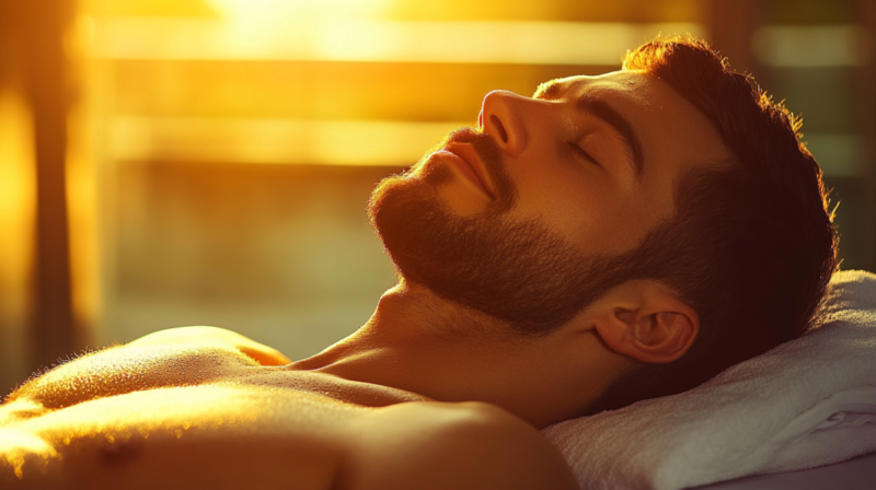 A Man with A Beard Relaxing with His Eyes Closed, Enjoying a Massage in A Sunlit Spa Environment, Conveying Peace and Tranquility