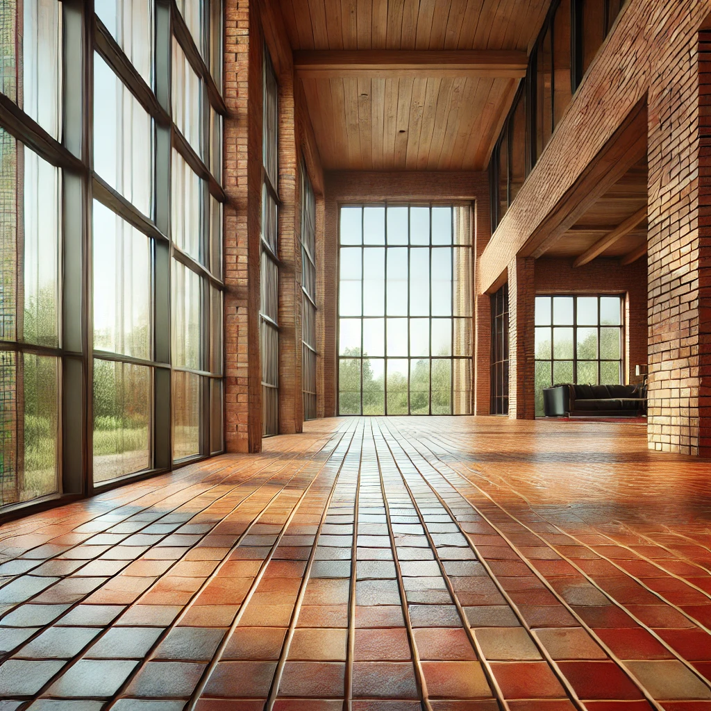 Floor-to-ceiling windows paired with red brick tile flooring