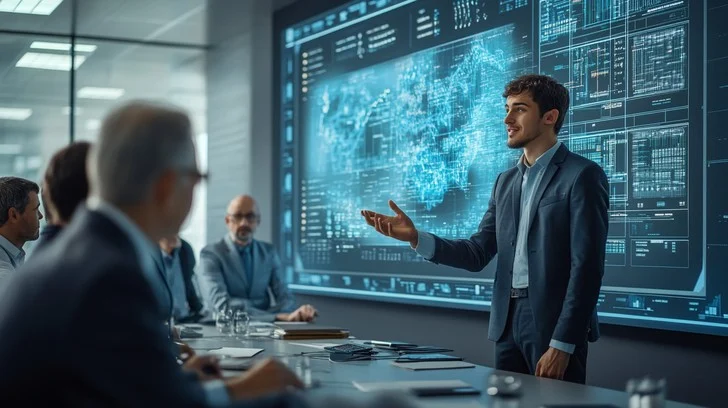 Professionals discussing knowledge management types while standing in front of data projected on a screen