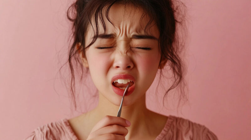 A woman wincing in pain while holding a fork near her teeth, highlighting discomfort from eating after tooth extraction