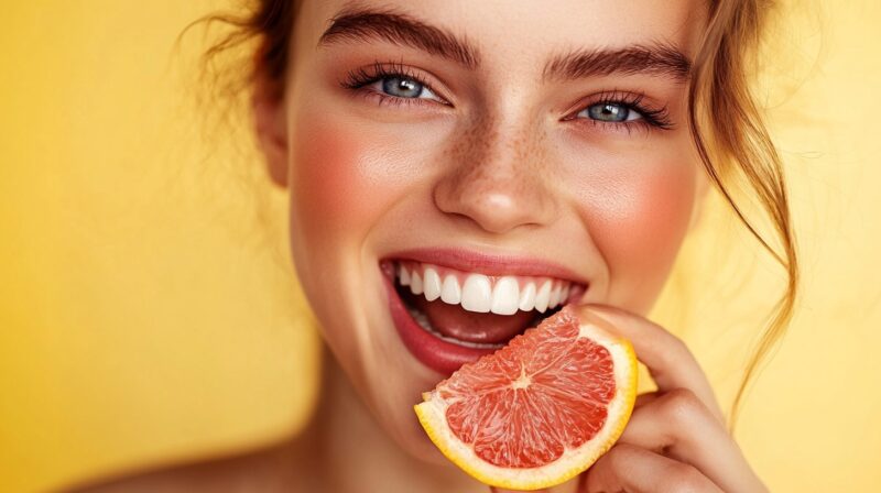 A woman with a radiant smile holding a slice of grapefruit against a vibrant yellow background