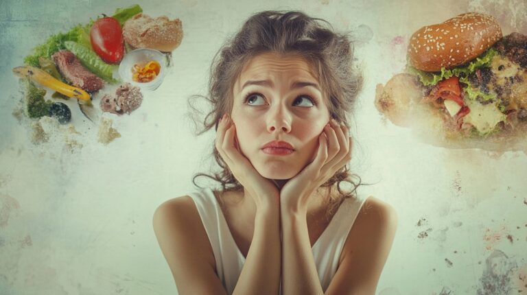 A woman contemplating healthy and indulgent food choices with illustrated options of a burger and salad in the background