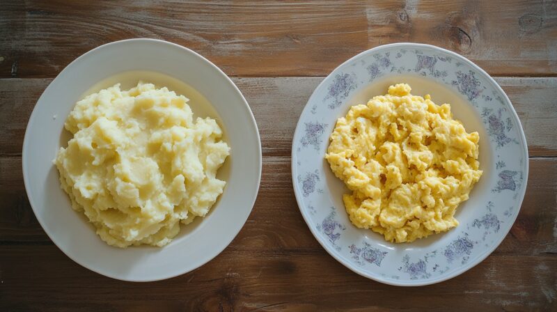 A plate of mashed potatoes and a plate of scrambled eggs on a wooden table, showing soft food options for recovery